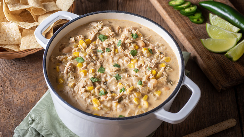 white chili with corn and chips