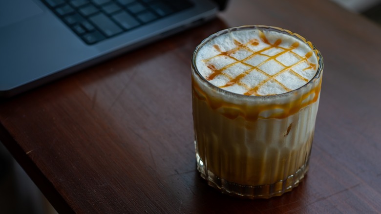 iced coffee with caramel whipped cream