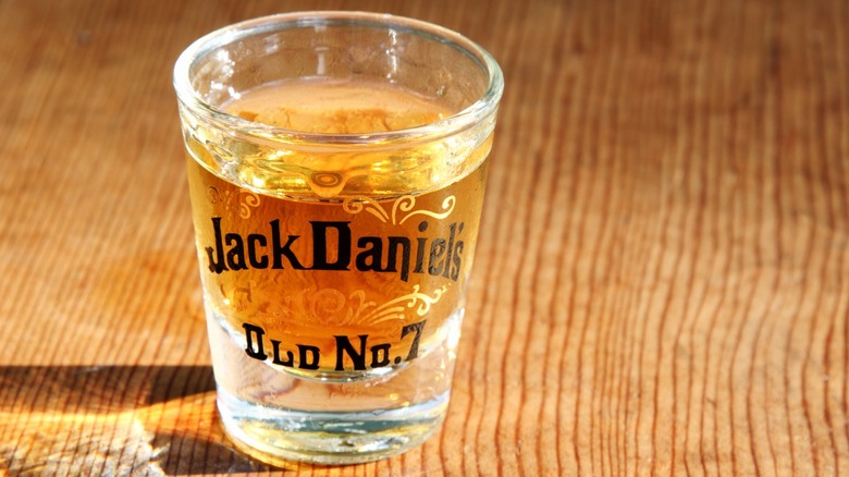 A shot glass of Jack Daniel's Old No. 7 Tennessee whiskey