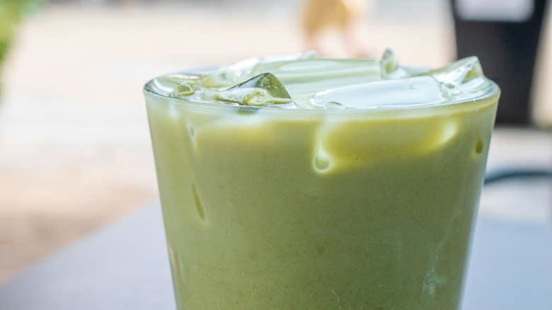 Close-up of an iced chai matcha latte