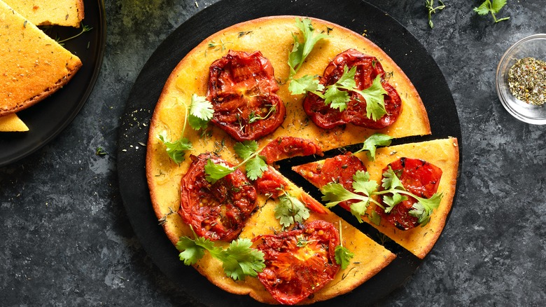 chickpea flour pizza with tomatoes