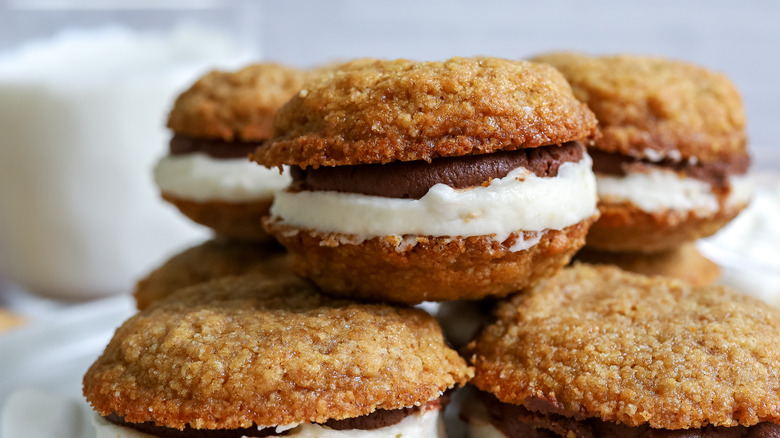 close up of gooey s'mores sandwich cookies