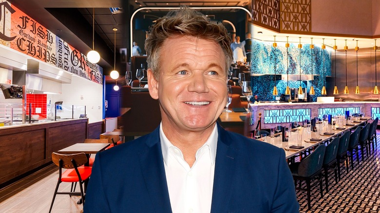 Gordon Ramsay with his restaurants in the background