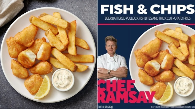 By Chef Ramsay fish and chips plate and packaging