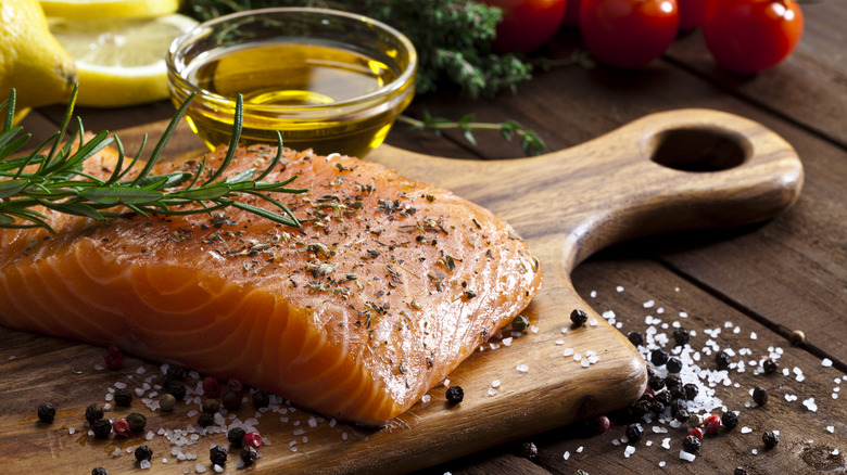 Close up of seasoned, uncooked salmon