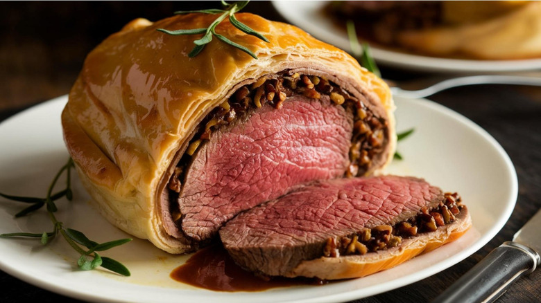 A sliced beef wellington