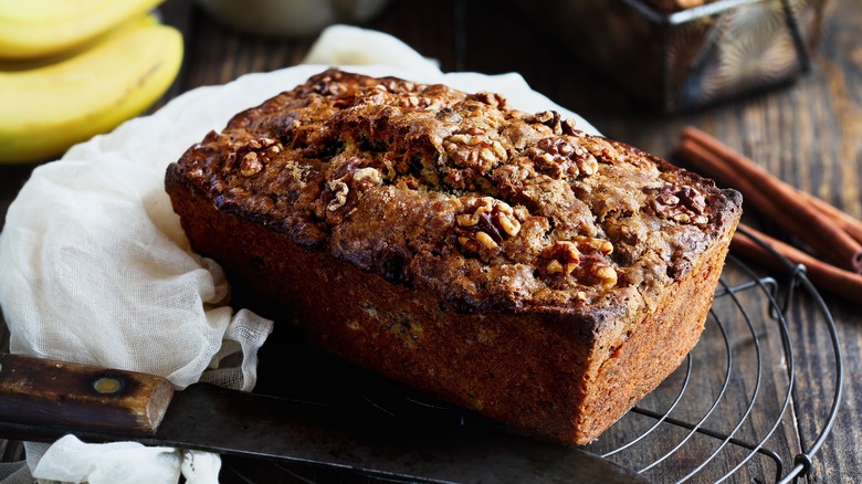 Nutty banana bread on cooling rack