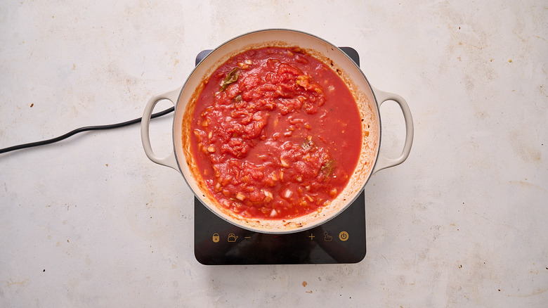 simmering tomatoes in skillet