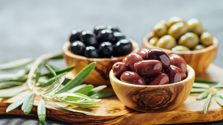 variety of olives in bowls