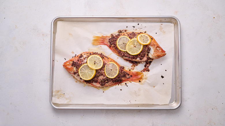 roasted fish on sheet tray