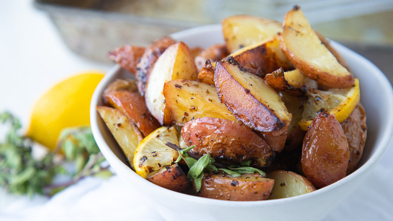 Greek lemon potatoes in bowl