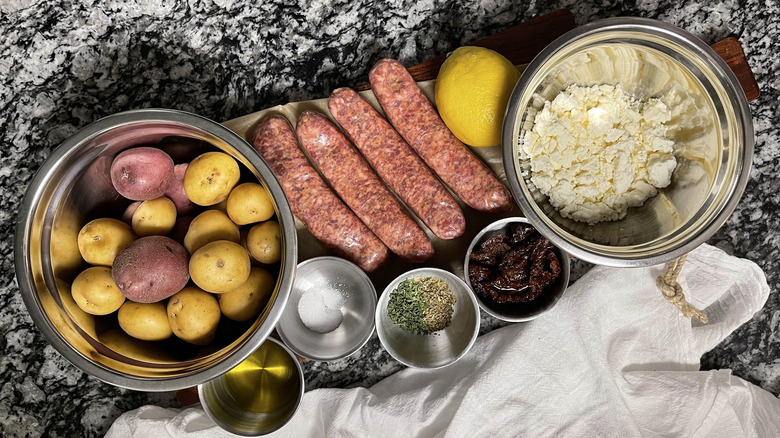 sausages, potatoes, and other ingredients