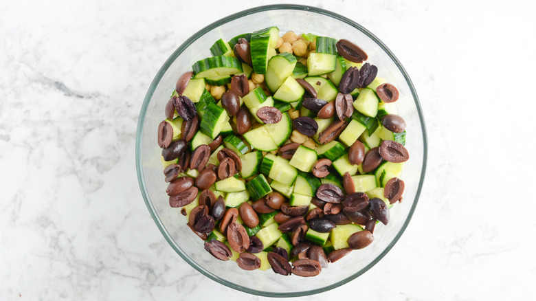 chopped cucumbers and olives