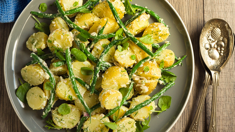 rustic potato salad with green beans on plate