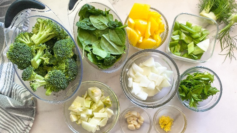 chopped vegetables in containers