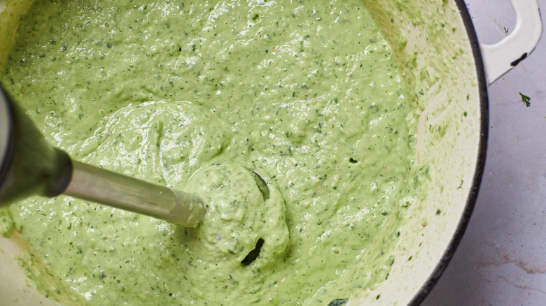 hand immersion blending gazpacho ingredients