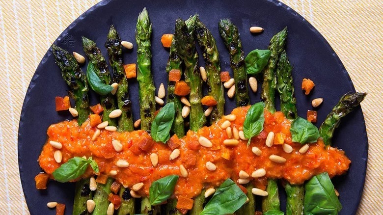 Grilled Asparagus with Apricot and Pine Nut Romesco