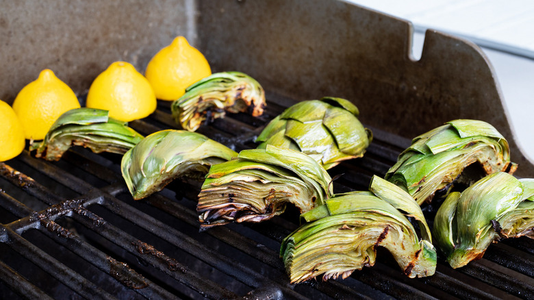 artichokes and lemons on grill