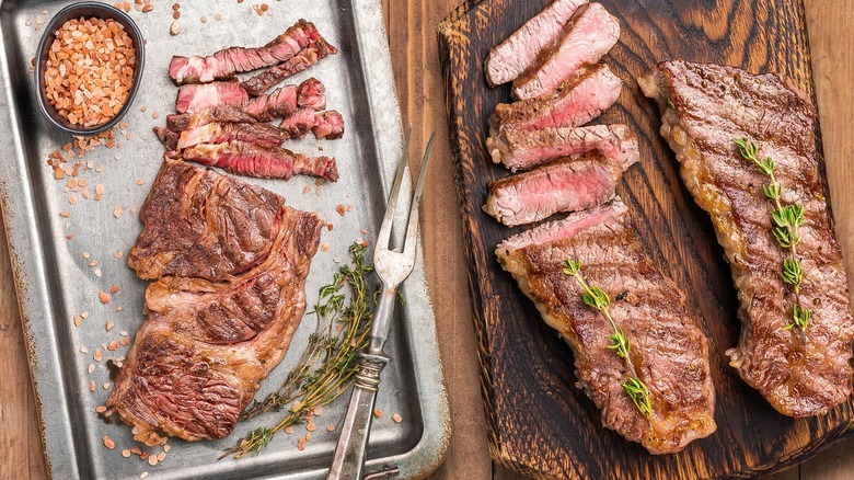 Slices of chuck roast and tri-tip sitting next to each other