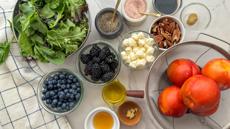 grilled nectarine salad ingredients on counter