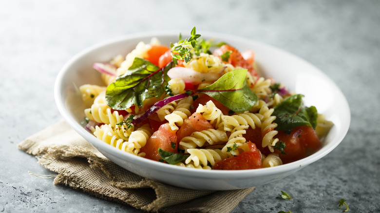 Pasta salad in white bowl