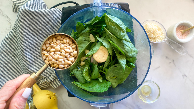 pesto ingredients in food processor