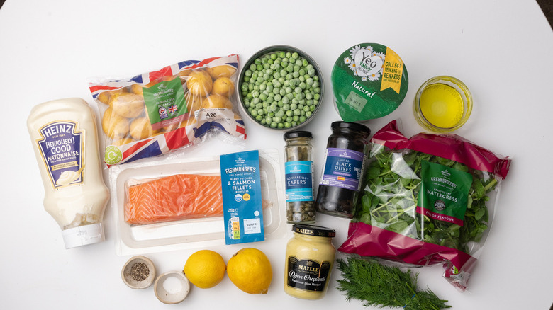salmon and salad ingredients