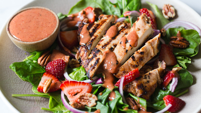 chicken strawberry salad close up