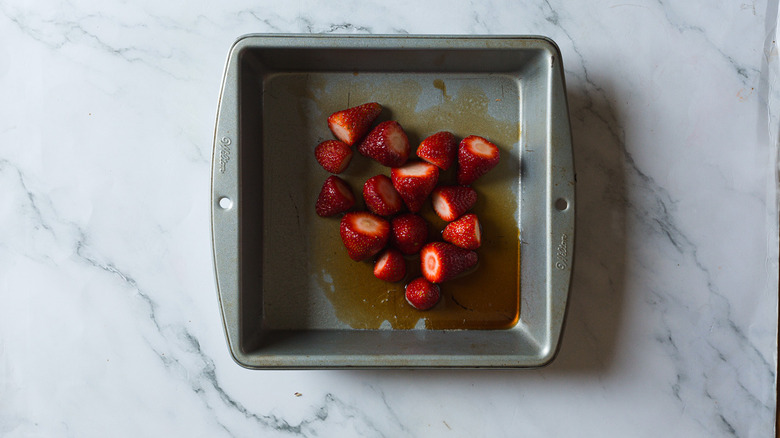 Strawberries and balsamic in baking pan