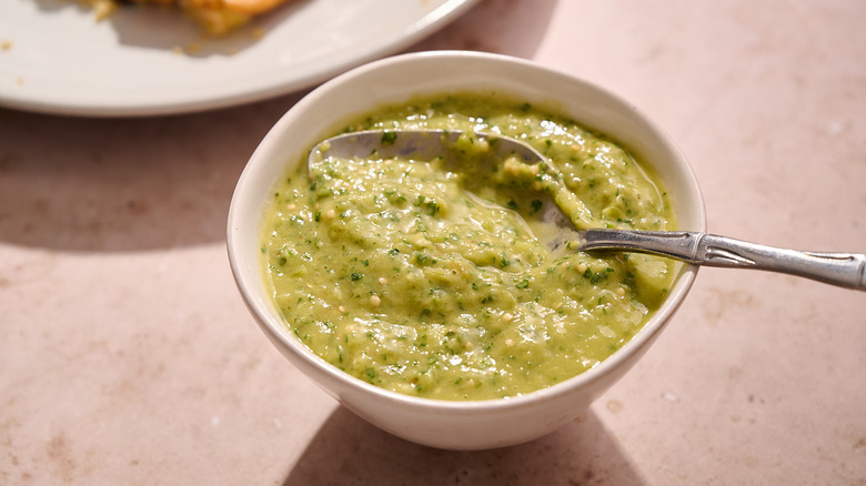 salsa verde in a bowl on table