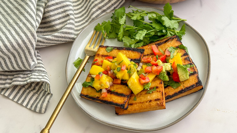 3 slabs of tofu plated