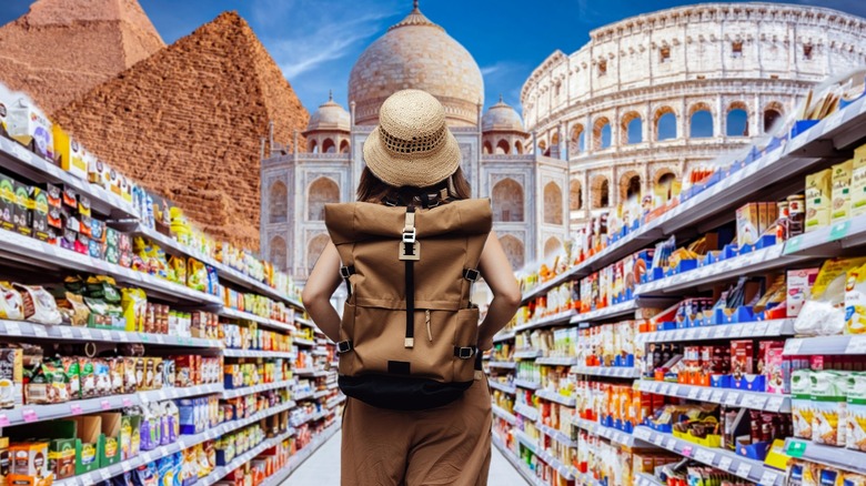 shopper in grocery store with travel background