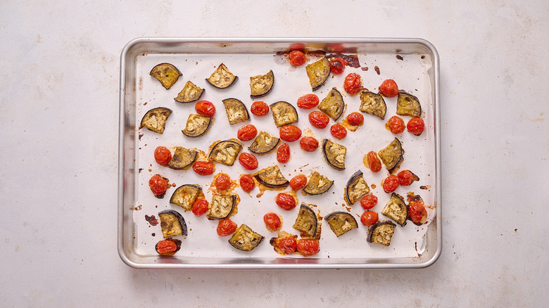 roasted vegetables on sheet tray