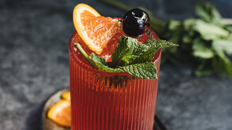 45-degree view of garnish on Shirley Temple mocktail.