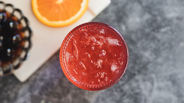 Overhead view of pink drink.