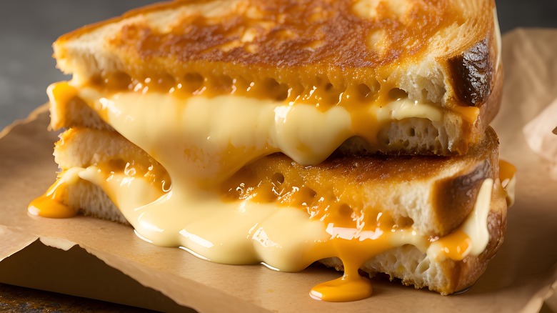 Hands pulling grilled cheese apart