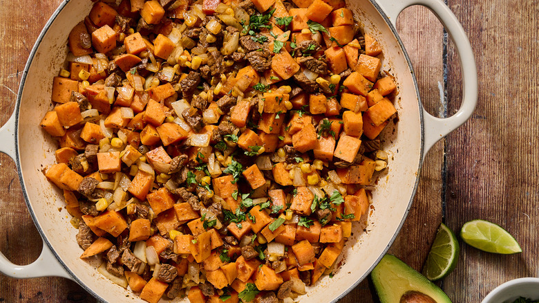 steak hash in skillet