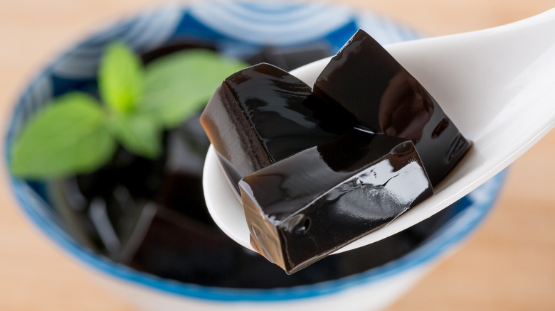 Guilinggao cubes on spoon