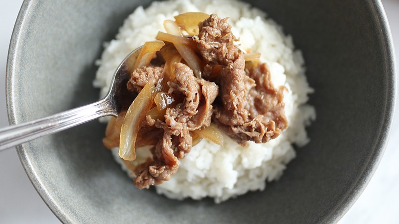 beef and rice in bowl