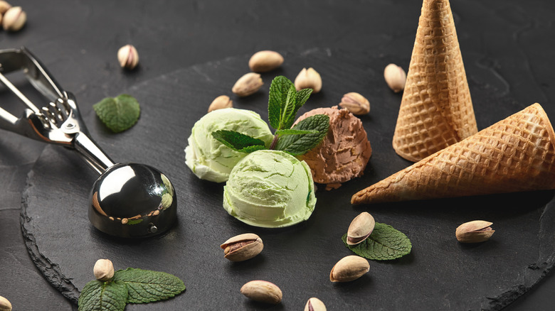 Ice cream and cones on slate board