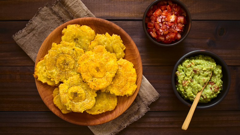 Tostones and dips on table