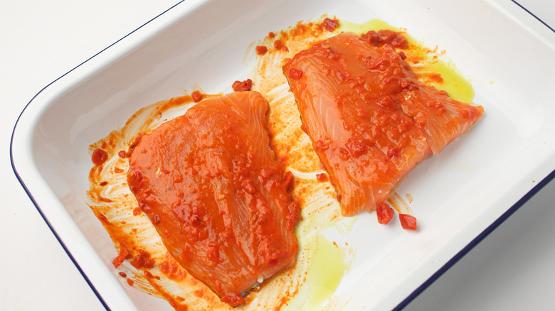 salmon coated with harissa sauce