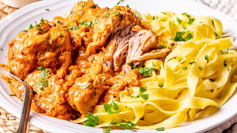 chicken paprikash with egg noodles