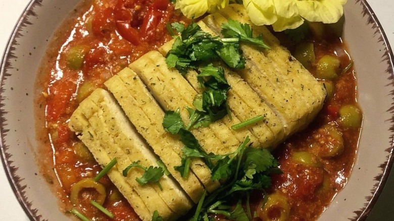 plated hasselback tofu dish