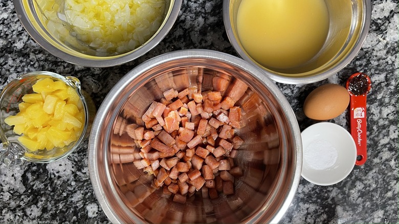 bowls of spam, egg, and pineapple