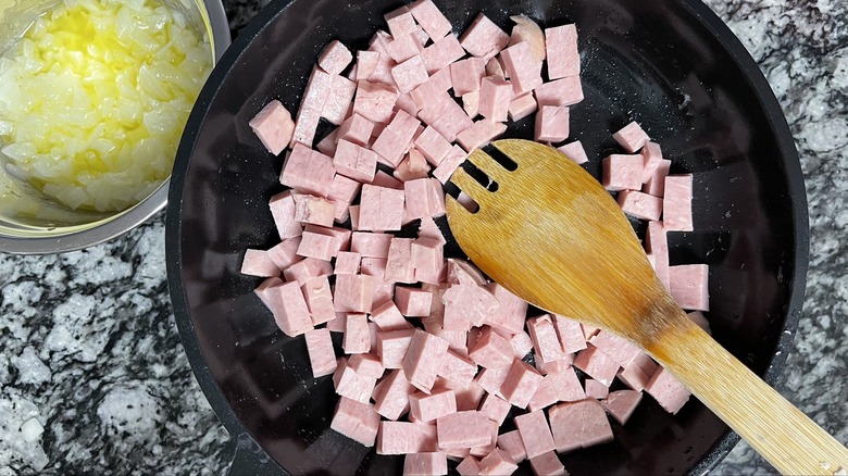 spam frying in skillet