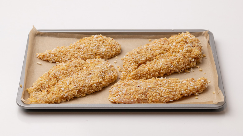 hazelnut chicken on baking sheet