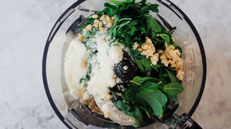 herbs in food processor bowl