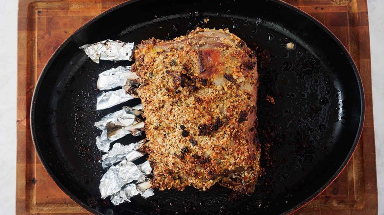 Lamb rack on large skillet