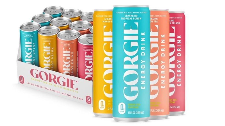 A case of Gorgie multicolored cans and a group of four cans